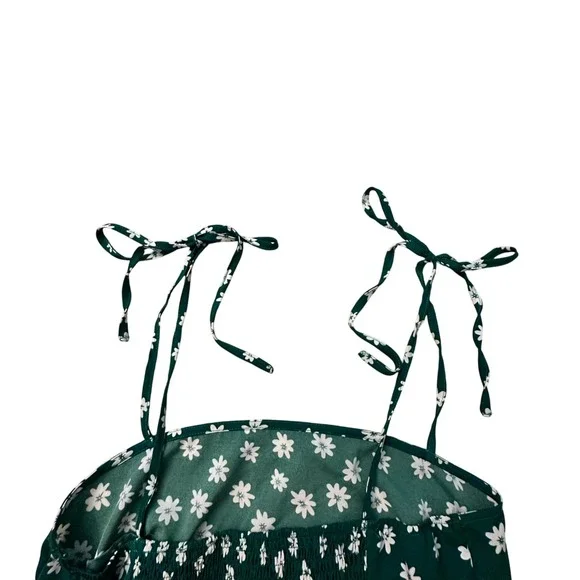Green Floral Dress Tie Strap Smocked Sundress Summer Mini‎ Dress - Picture 12 of 14